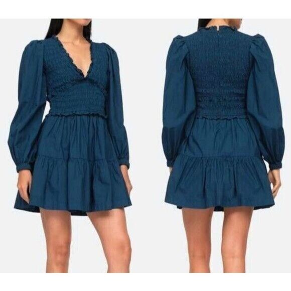 Sea NY RS22-032 Women's Sz 4 Aagean Blue Gaia L/S Smocked Mini Dress - Picture 1 of 6